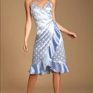 Light blue polka dot satin wrap midi dress